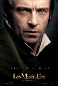 Les Misérables movie poster focusing on Hugh Jackman as Jean Valjean.