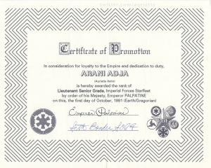 A certificate stating that my Imperial persona, Arani Adja, had been promoted to Lieutenant Senior Grade.