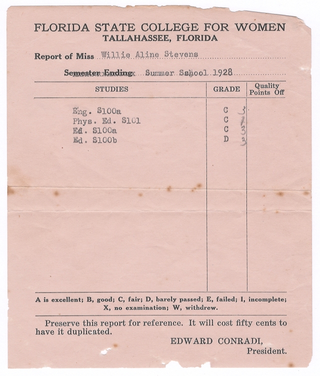 Willie Stevens' report card from Florida State College for Women, 1928 summer school
