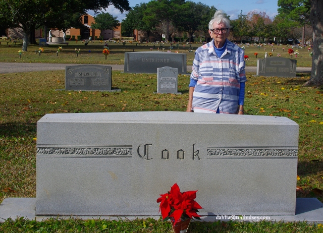 My mother, Zenova Hahn, standing near one of the Cook headstones at Bayview Memorial Park, Pensacola.